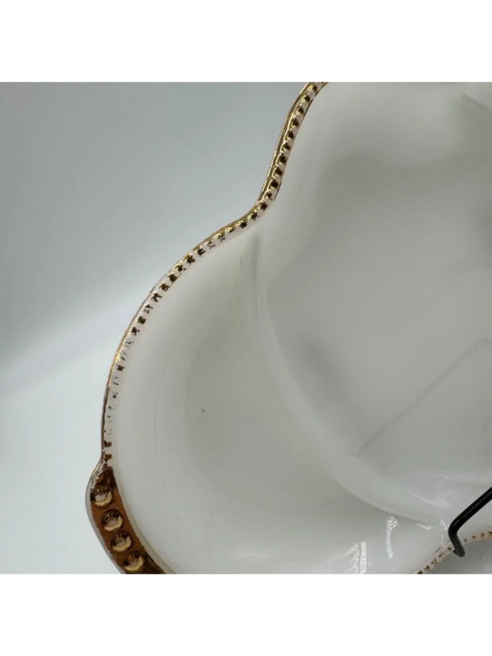 Vintage Fire King Milk Glass Divided Serving Dish With Gold Beaded Rim